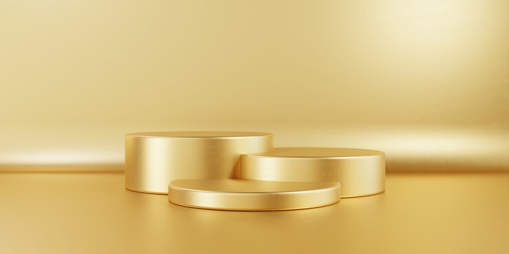 Golden three cylinder product stage podium table on gold background
