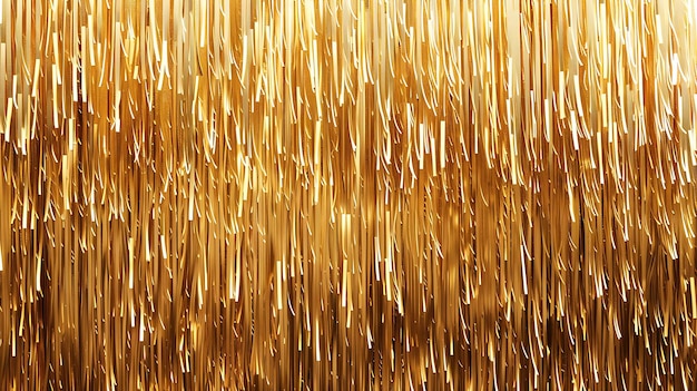 Golden tinsel strands hang vertically creating a shiny sparkling background