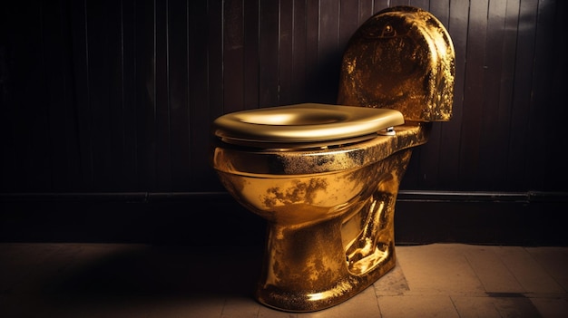 Golden toilet bowl in a room with wooden wall and floorgenerative ai