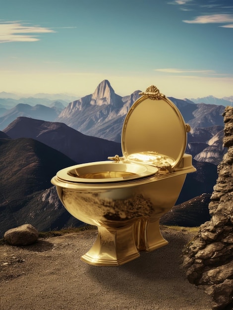 산 꼭대기에 서 있는 황금 화장실