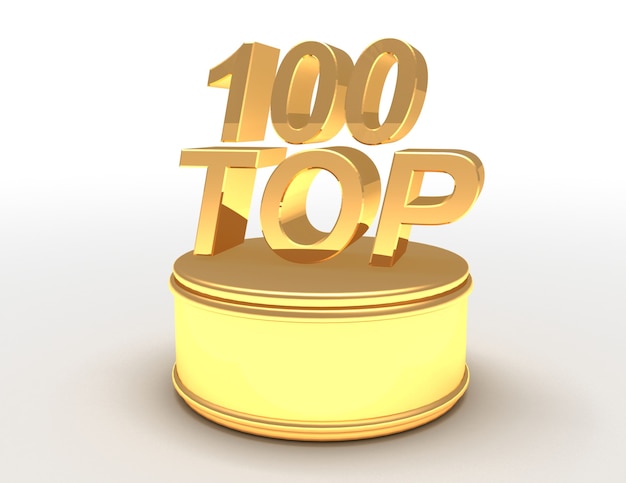 Golden top 100 on podium. 3d rendered illustration