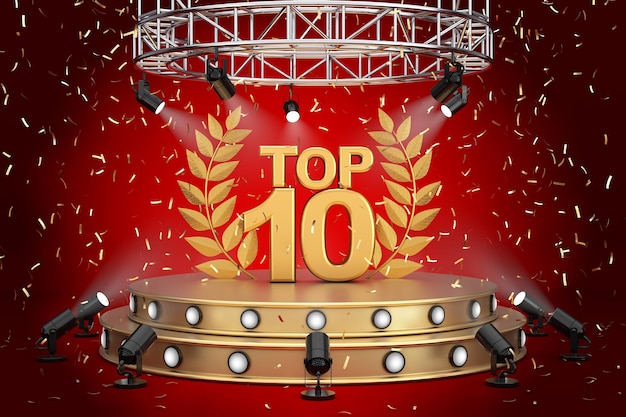 Золотая табличка Top Ten с лавровым венком на золотой сцене презентации продукта с прожекторами на красном фоне 3D рендеринг