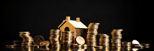 Golden toy house with stacks of coins on black