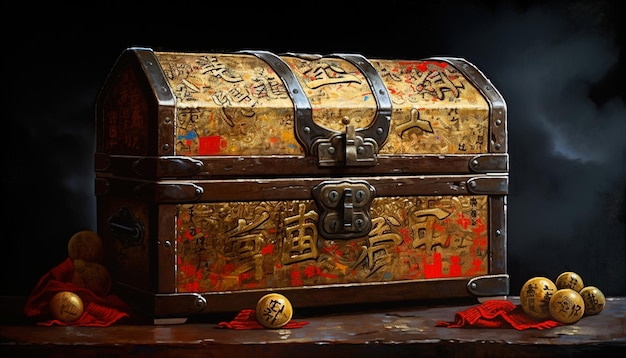 A golden treasure chest with red paint