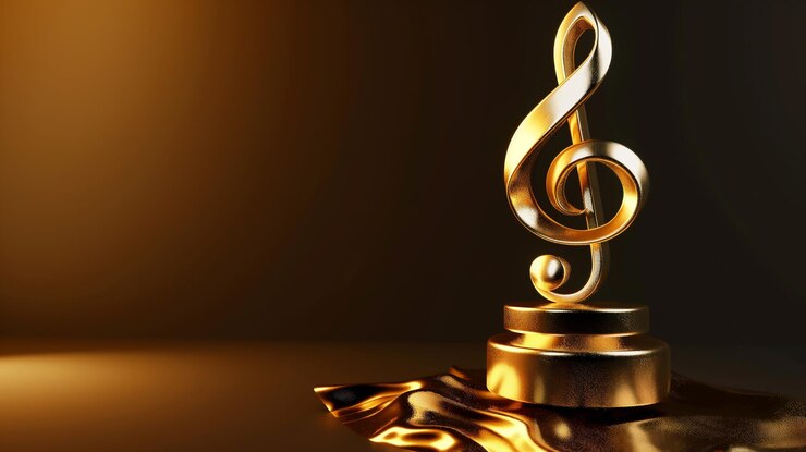 A golden treble clef trophy stands elegantly on a dark reflective surface with a warm amber glow sym
