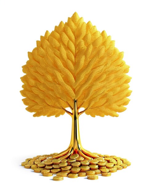 A golden tree adorned with coins on a white background