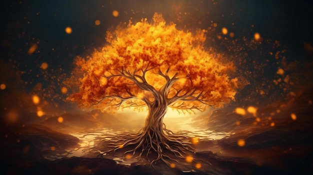 Golden tree fantasy illustration beautiful abstract