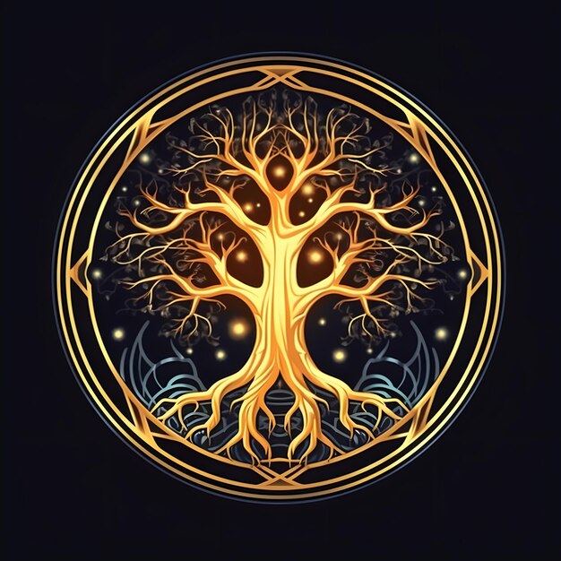 Golden Tree of Life Illustration with Round Shape Isolated on Black Background