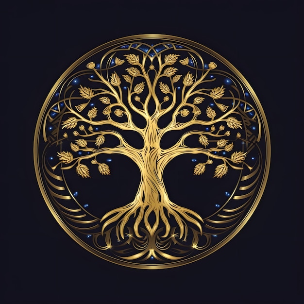 Golden Tree of Life Illustration with Round Shape Isolated on Black Background