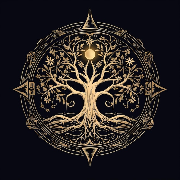 Photo a golden tree of life with a moon in the middle generative ai