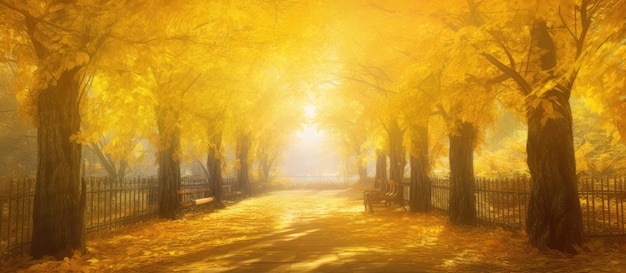 Golden trees along a sunlit alley in autumn park landscape panorama generative ai illustration