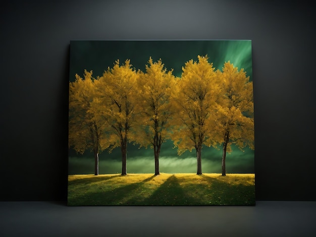 Golden trees on green and black sky background Modern canvas art