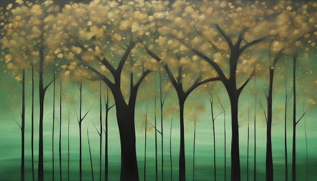 Золотые деревья на фоне зеленого и черного неба Современное искусство холста