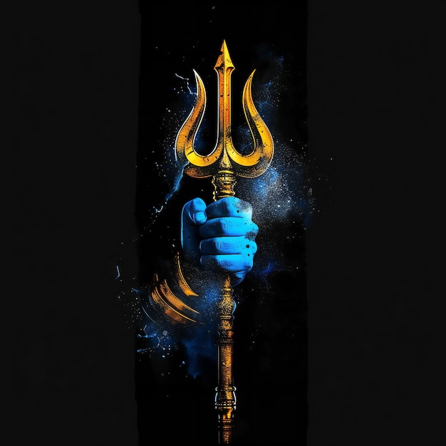 Photo golden trishul and blue shiva hand with fog on dark background