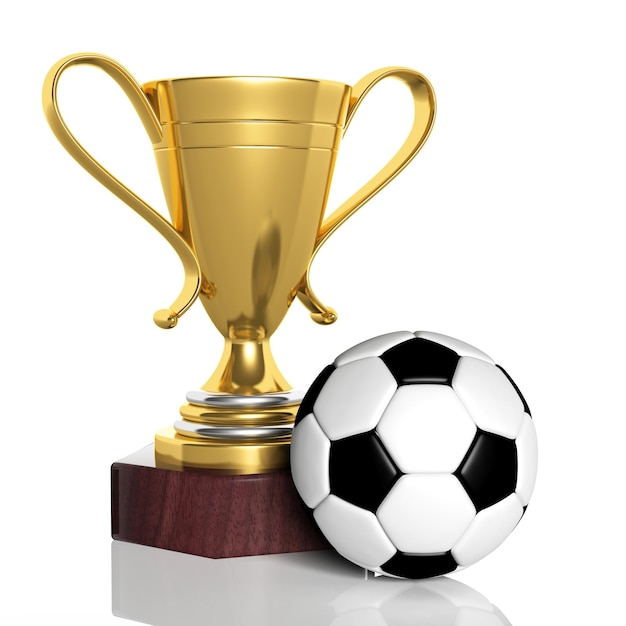 Photo golden trophy and classic soccer ball isolated