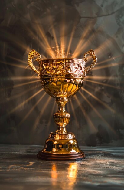 Golden trophy cup illuminated with radiant beams of light