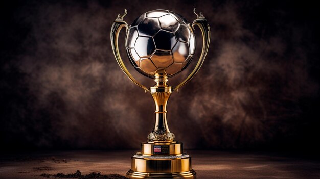 golden trophy cup on soccer background