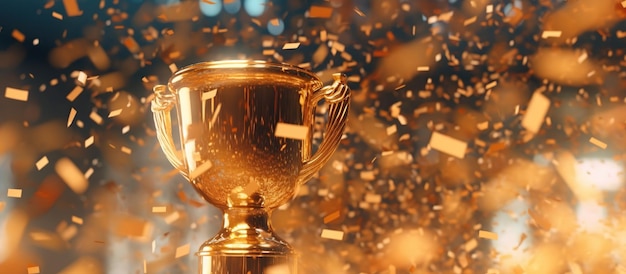 Golden trophy cup with confetti and ribbons on bokeh background