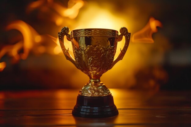 Photo golden trophy cup with dramatic lighting on dark background