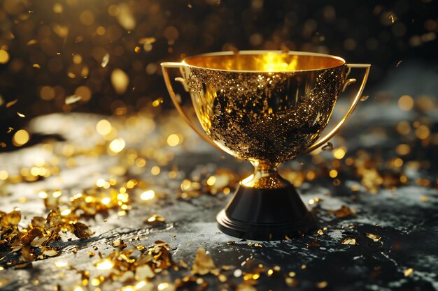 Photo golden trophy cup with golden confetti on dark background closeup