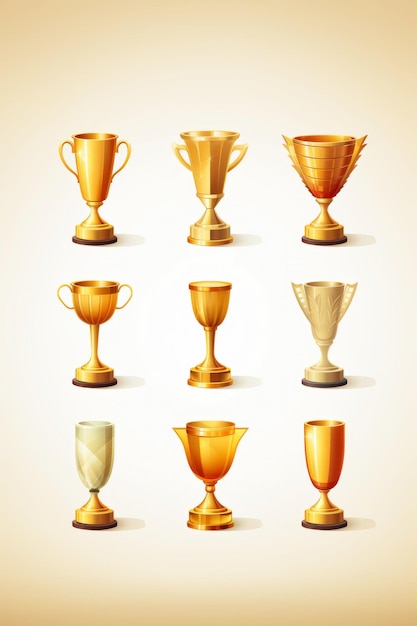 golden trophy cups and awards of different shape isolated background vector illustration