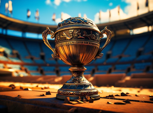 A golden trophy is seen in front of a stadium