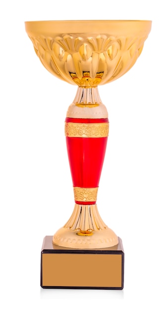 Photo golden trophy isolated on white background.