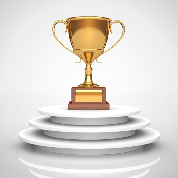 Golden Trophy over Podium on a white background. 3d Rendering