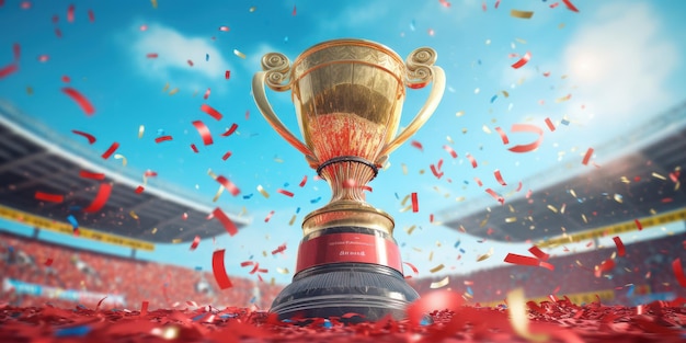 Golden trophy in stadium blue sky background Champion cup of sport competition Generative AI