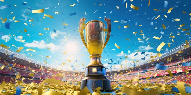 Golden trophy in stadium blue sky background Champion cup of sport competition Generative AI