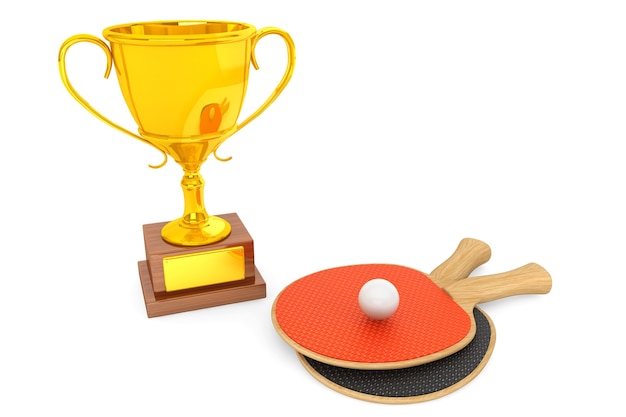 Golden Trophy and tennis racquets on a white background