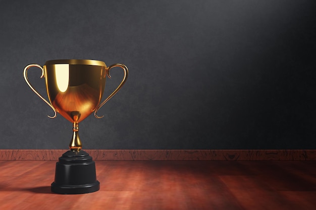 Golden trophy on top of old wooden table in front of concrete blackboard 3d rendering