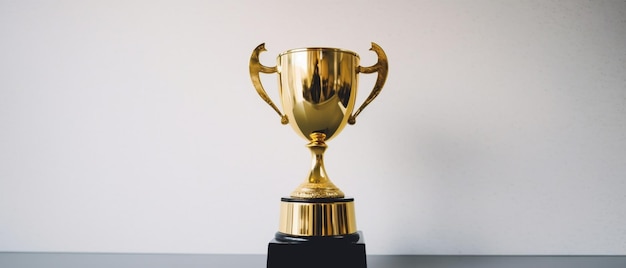 Golden trophy on white desk Business Success copy space on left