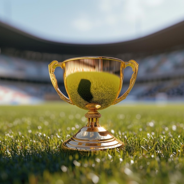 Golden trophy winner cup on stadium grass