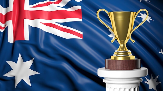 Golden trophy with Australian flag in background