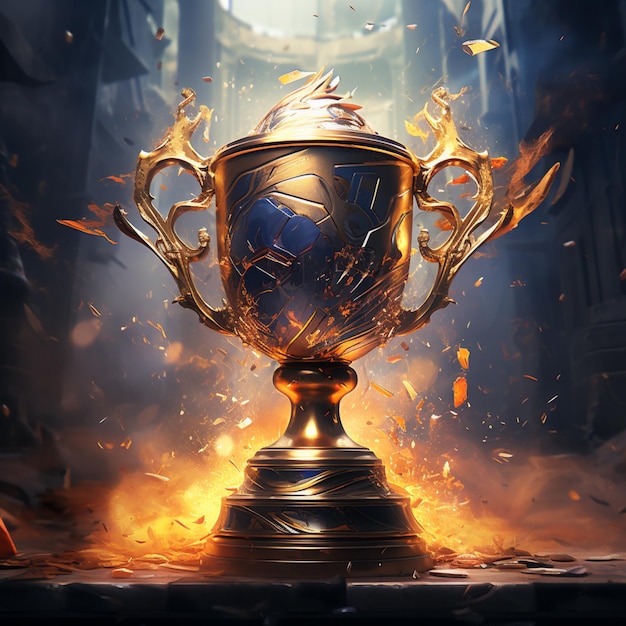 a golden trophy with flames lighting up a dark background in the style hyperrealistic illustrations