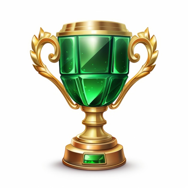 golden trophy with green glass on white background