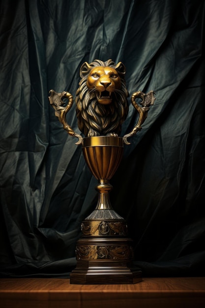 a golden trophy with a lion head on it