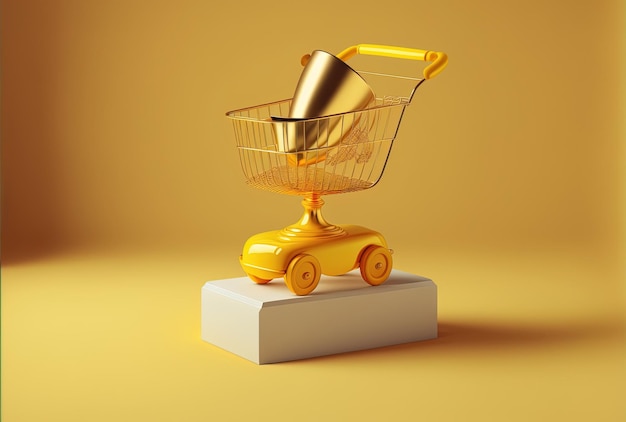 Golden trophy with a winners name on it and a shopping cart on a yellow backdrop