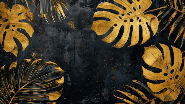 golden tropical leaves on a black background