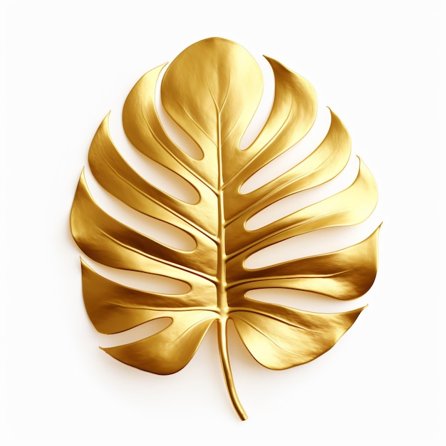 Golden tropical monstera leaf isolated on white background