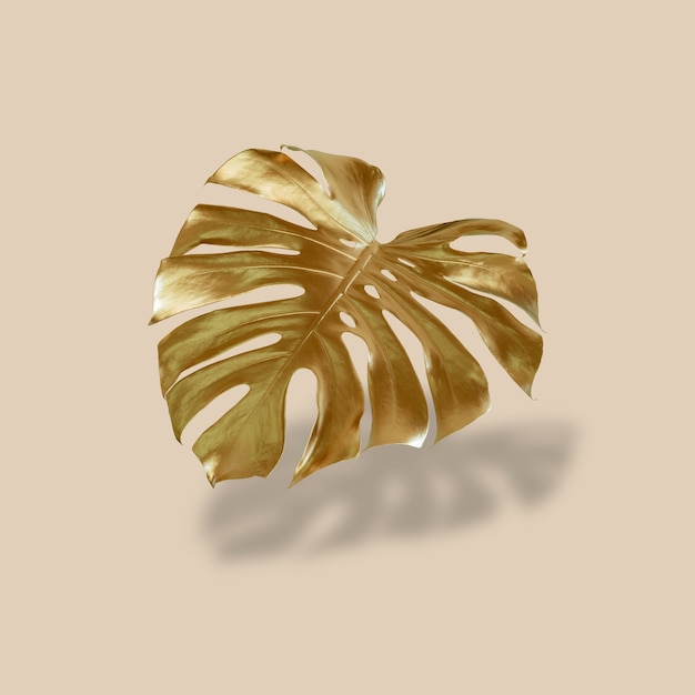 Foto foglia di palma tropicale dorata monstera su pastello lusso giallogrigio modello astratto per il design