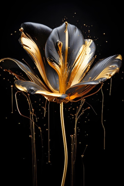 Golden Tulip-bloem met verfspatten op zwart Flower Art-schilderij voor muurlijsten