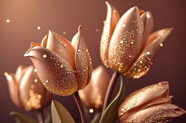 Golden tulip flowers on blurred fantasy background spring Generative AI