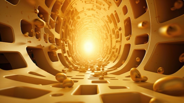 Golden tunnel with light coming out of it ai