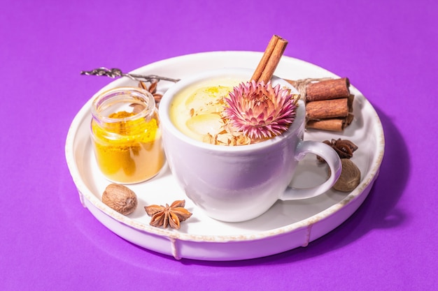 Golden turmeric milk with ice. Cinnamon, nutmeg, anise spices. Healthy morning breakfast drink concept. A modern hard light, dark shadow, pastel lilac background, copy space
