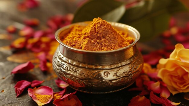 Golden Turmeric Powder in Ornate Silver Bowl