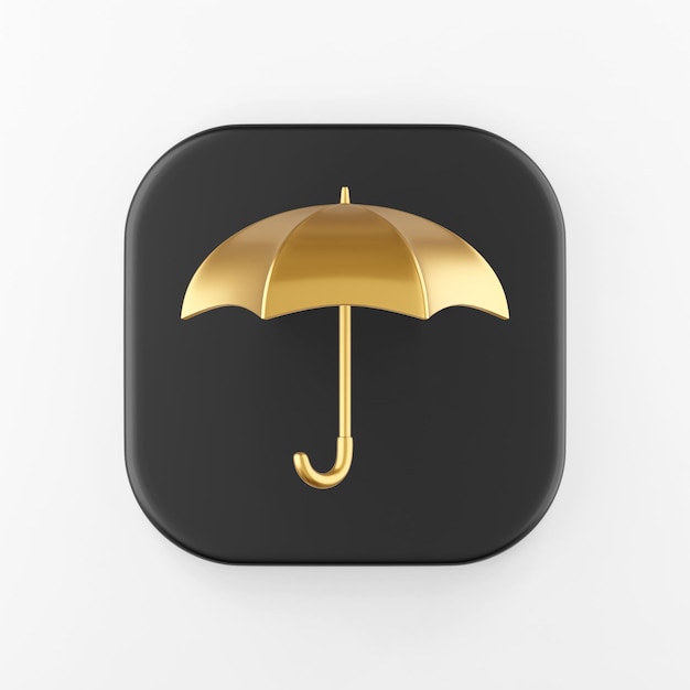 Golden umbrella icon. 3d rendering black square key button, interface ui ux element.