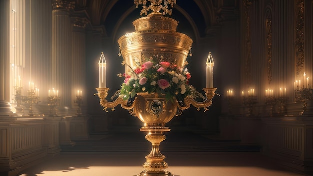 A golden urn with flowers on it in a dark room.