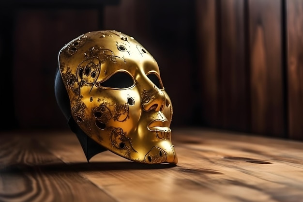 Foto una maschera veneziana dorata su sfondo di legno